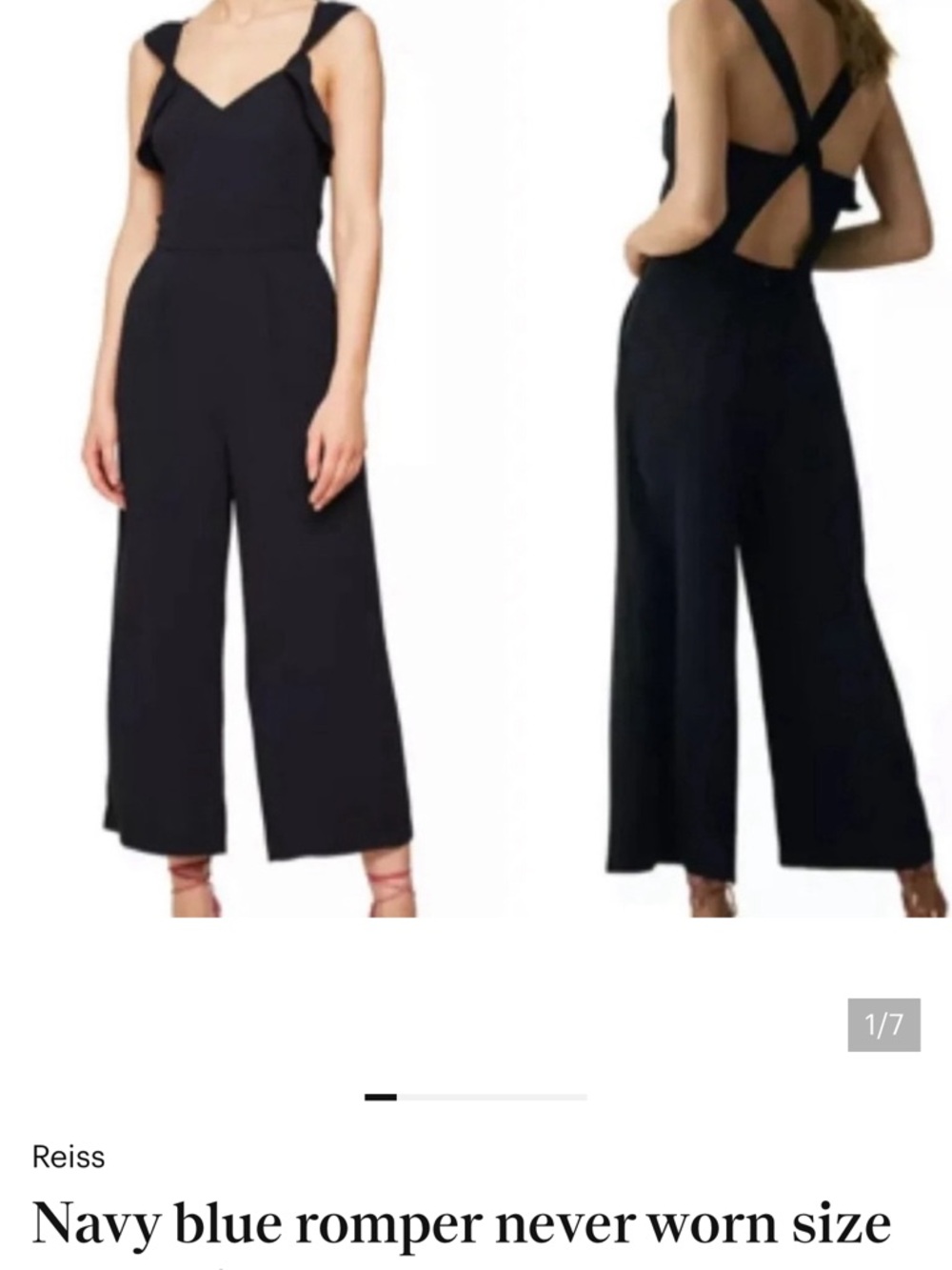 Reiss Amika Crepe Wide Leg Ruffle Sleeveless Cutout Jumpsuit Navy Blue Size 6